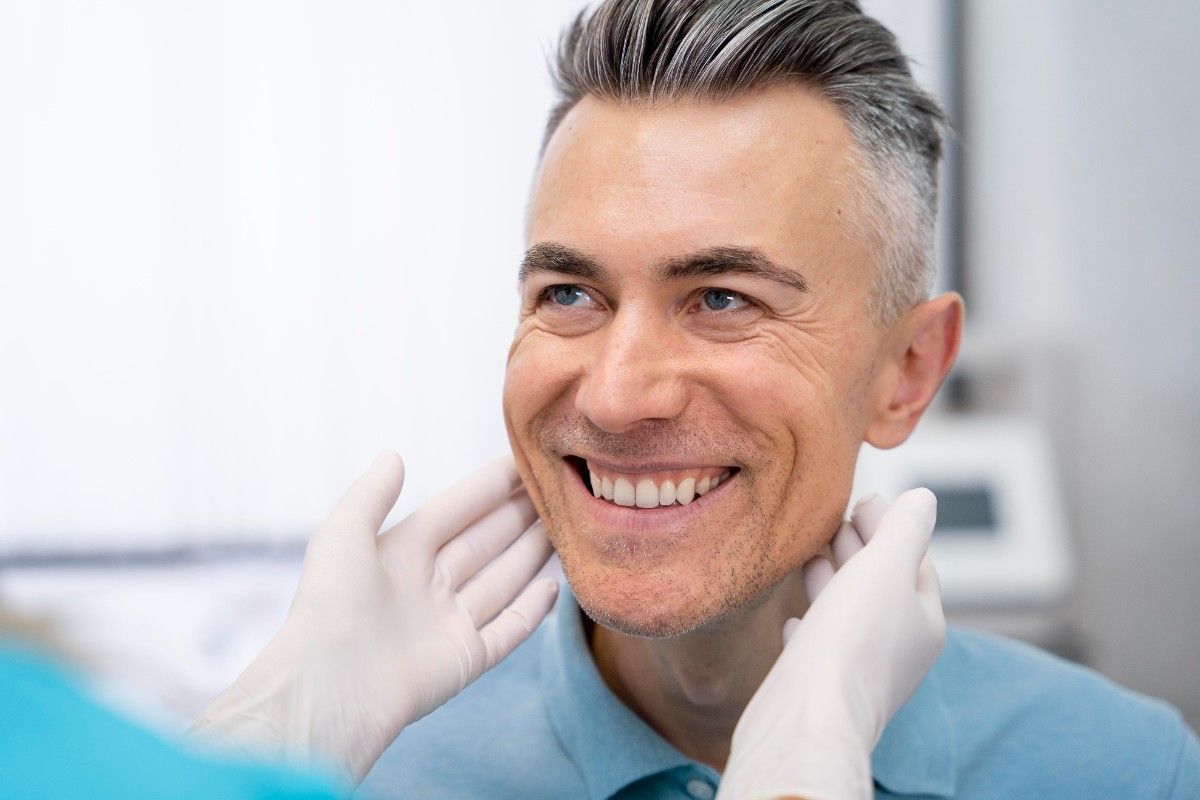 Dentist examining smiling patient’s teeth close-up
